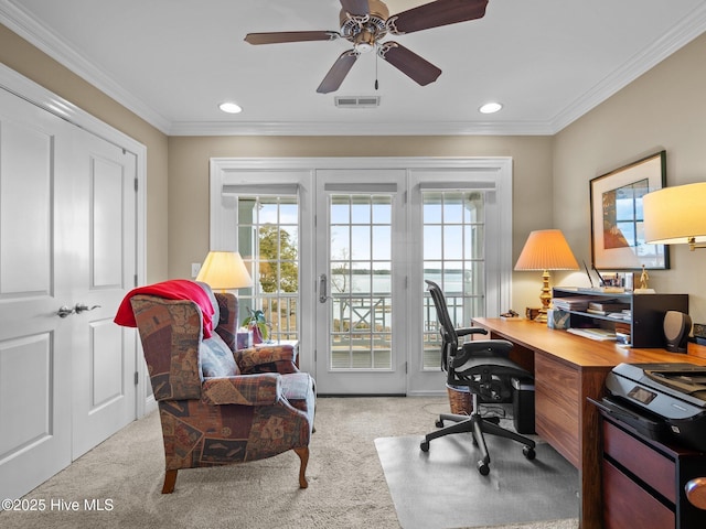 office featuring carpet floors, a wealth of natural light, and visible vents