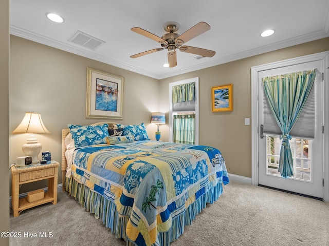 bedroom featuring visible vents, baseboards, access to exterior, crown molding, and carpet flooring