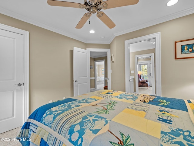 carpeted bedroom featuring ceiling fan, recessed lighting, and crown molding