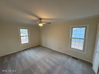 spare room featuring visible vents, ornamental molding, a ceiling fan, carpet floors, and baseboards