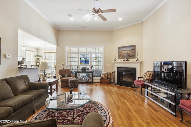 living room featuring a fireplace with flush hearth, ceiling fan, ornamental molding, and wood finished floors