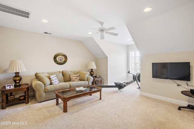 carpeted living room featuring a ceiling fan, recessed lighting, visible vents, and vaulted ceiling