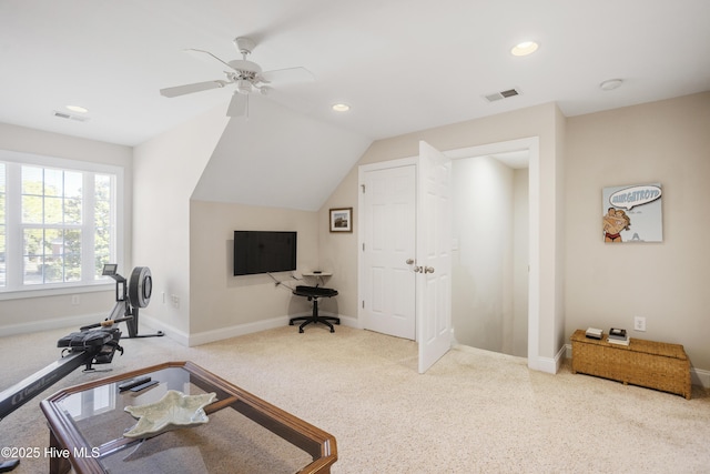 workout area featuring baseboards, visible vents, and recessed lighting