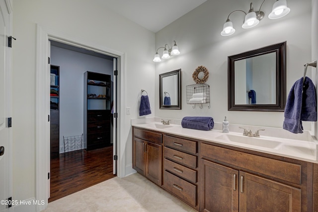 bathroom featuring a sink, a spacious closet, and double vanity