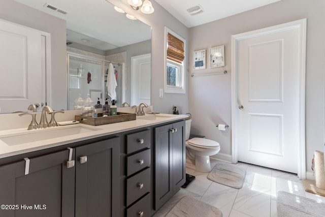 full bathroom with toilet, a shower stall, visible vents, and a sink