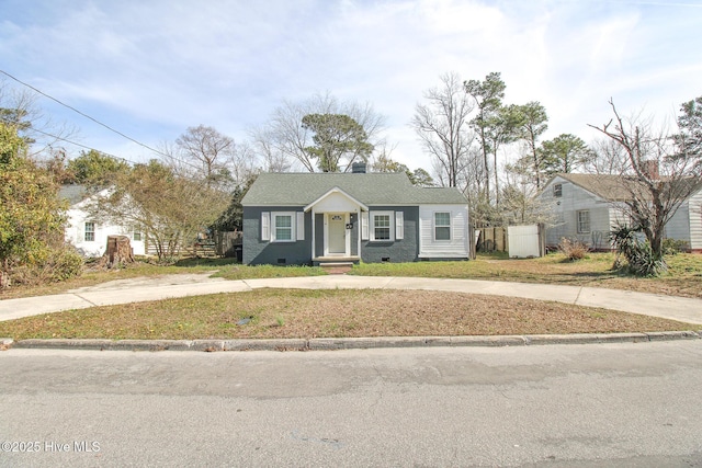 view of front of property featuring crawl space and fence