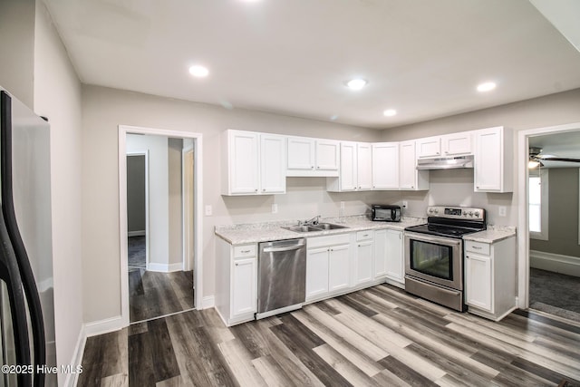 kitchen with stainless steel appliances, dark wood-style flooring, white cabinetry, and under cabinet range hood