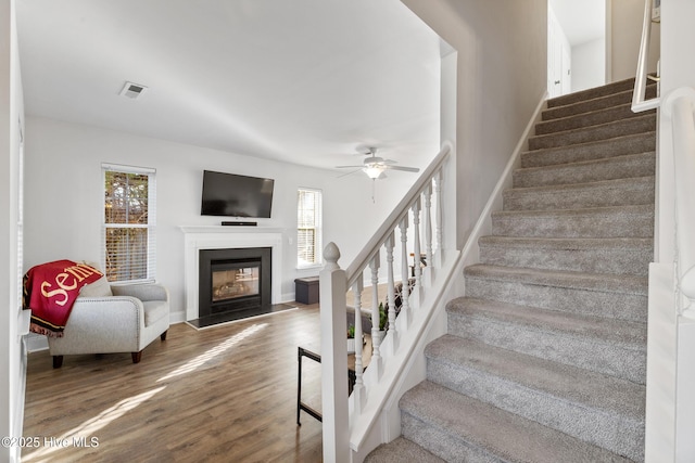 stairs featuring visible vents, a ceiling fan, wood finished floors, a glass covered fireplace, and baseboards