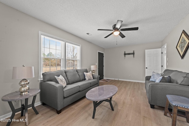 living room featuring light wood finished floors, baseboards, visible vents, a ceiling fan, and a textured ceiling