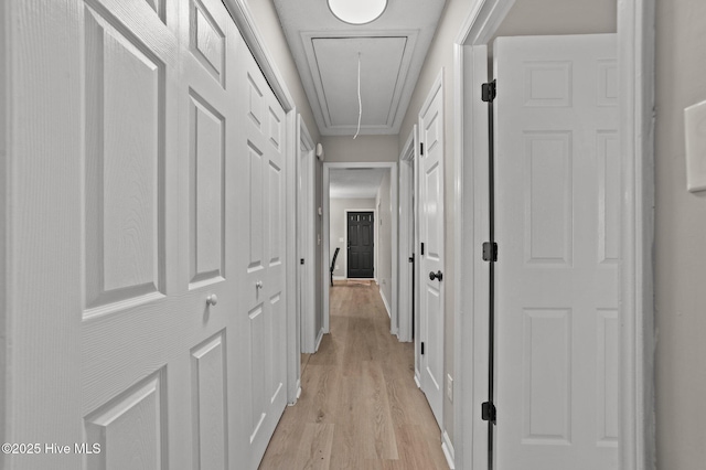 hallway with attic access and light wood-style flooring