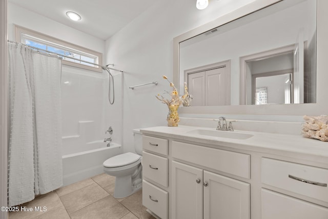 bathroom featuring tile patterned floors, visible vents, shower / bathtub combination with curtain, toilet, and vanity