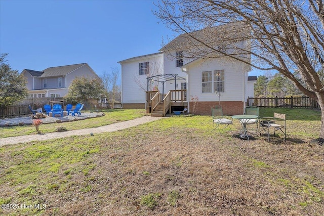 148 Mendover Dr, Jacksonville, NC 28546 - rear view of house with an outdoor fire pit, a pergola, a wooden deck, and stairway