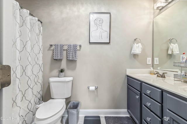 full bath featuring toilet, baseboards, and vanity