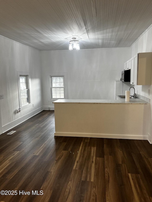 unfurnished room featuring dark wood-style floors, visible vents, wood ceiling, a sink, and baseboards
