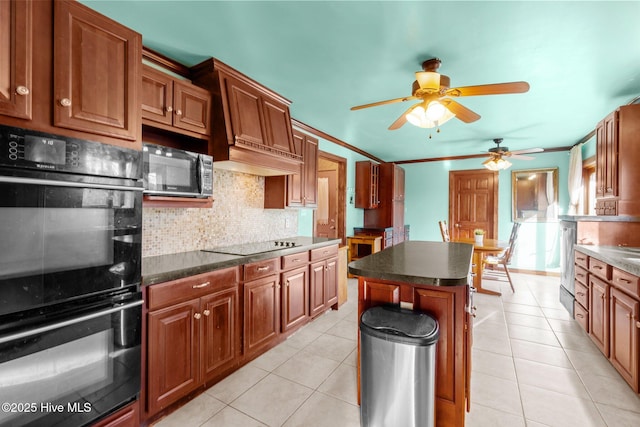 kitchen featuring light tile patterned floors, decorative backsplash, black appliances, and ceiling fan