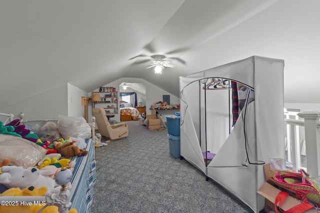 playroom with lofted ceiling, carpet, and ceiling fan