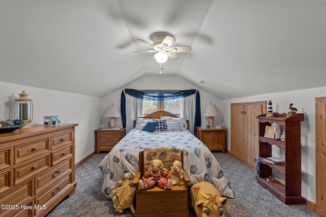 bedroom featuring lofted ceiling, carpet flooring, baseboards, and ceiling fan