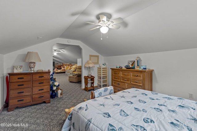 bedroom featuring lofted ceiling, carpet flooring, a ceiling fan, and visible vents