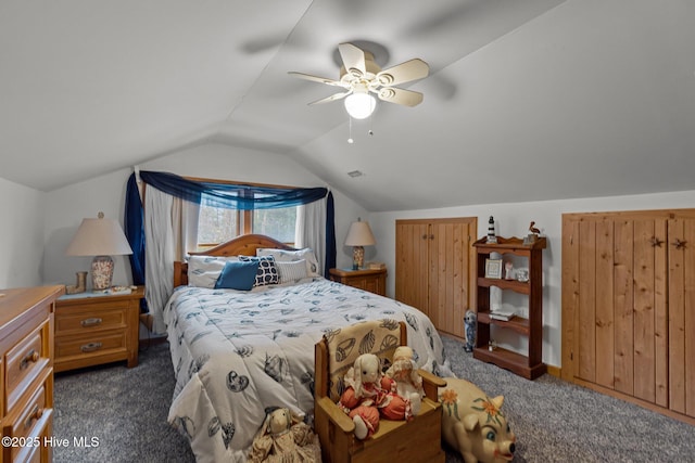 bedroom featuring carpet flooring, ceiling fan, and lofted ceiling