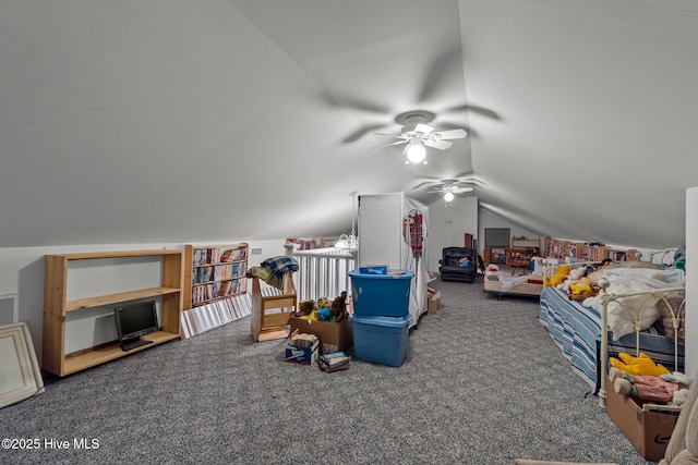 bonus room with visible vents, carpet, lofted ceiling, and ceiling fan