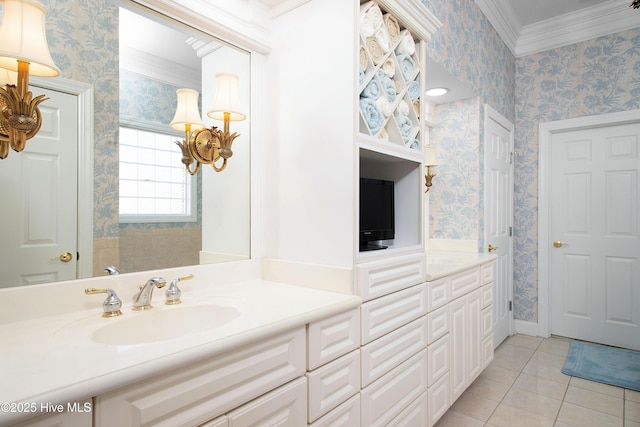 906 Taberna Cir, New Bern, NC 28562 - full bathroom with tile patterned floors, vanity, crown molding, and wallpapered walls