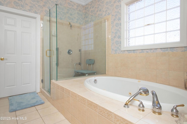 906 Taberna Cir, New Bern, NC 28562 - full bathroom featuring tile patterned floors, a garden tub, a shower stall, and wallpapered walls