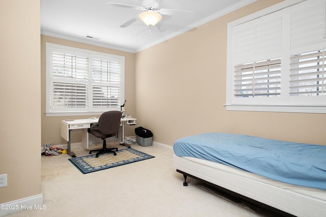 906 Taberna Cir, New Bern, NC 28562 - bedroom with baseboards, visible vents, ceiling fan, ornamental molding, and carpet flooring