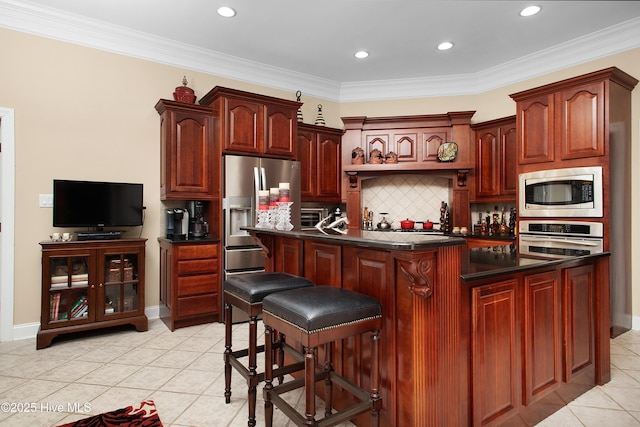 906 Taberna Cir, New Bern, NC 28562 - kitchen featuring light tile patterned flooring, stainless steel appliances, crown molding, dark countertops, and backsplash