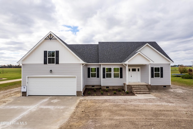 modern farmhouse with a garage, crawl space, roof with shingles, and concrete driveway