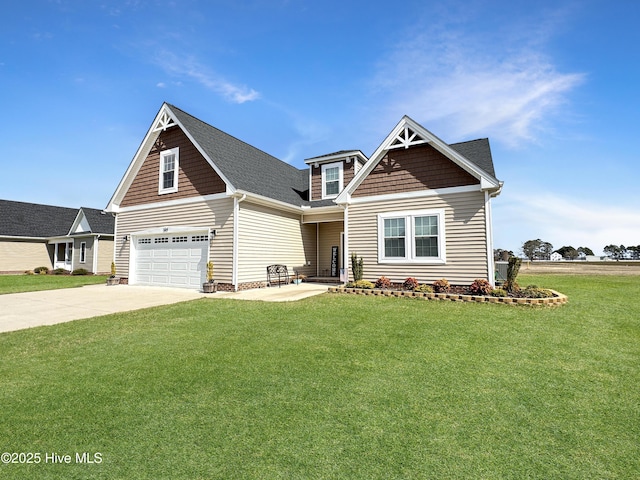 craftsman inspired home featuring roof with shingles, driveway, and a front lawn