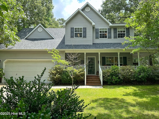 view of front of home with covered porch, a front lawn, roof with shingles, and an attached garage