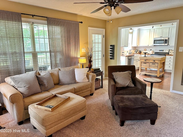 living room with a textured ceiling and ceiling fan