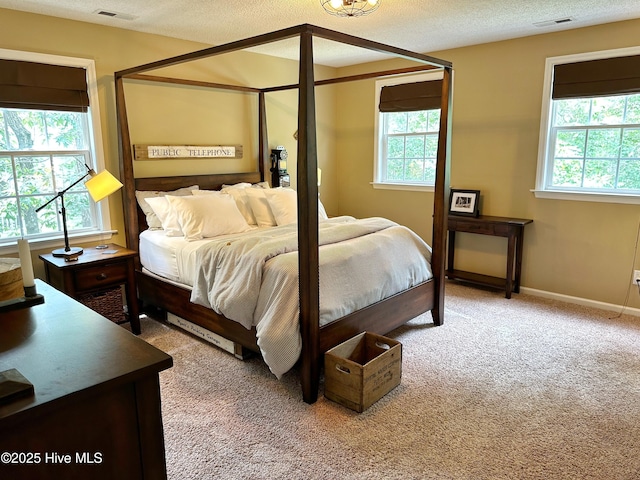 bedroom featuring carpet, visible vents, and a textured ceiling