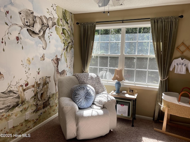 living area with carpet, a textured ceiling, plenty of natural light, and baseboards