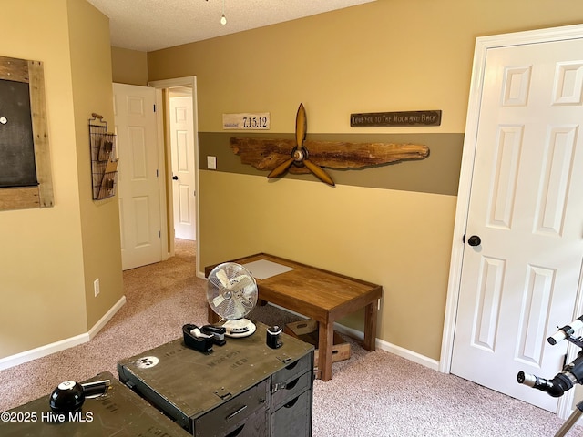 interior space featuring light carpet, baseboards, and a textured ceiling