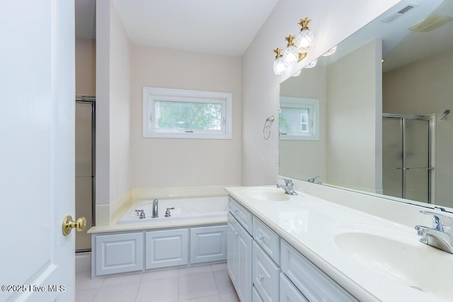 917 Hearthside Ct, New Bern, NC 28560 - bathroom featuring a shower stall, a bath, tile patterned flooring, and double vanity