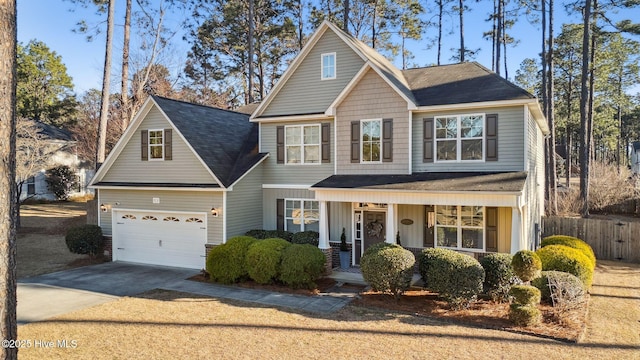 view of front of house with covered porch, concrete driveway, fence, and a garage