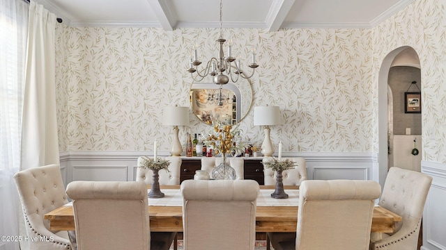 dining space featuring wainscoting and wallpapered walls