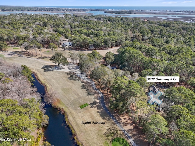 birds eye view of property with a water view and a wooded view