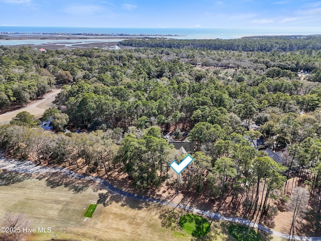 birds eye view of property with a wooded view