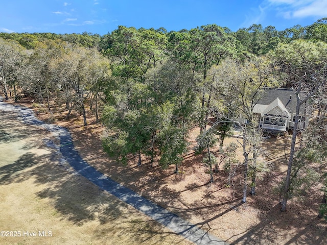 drone / aerial view with a wooded view