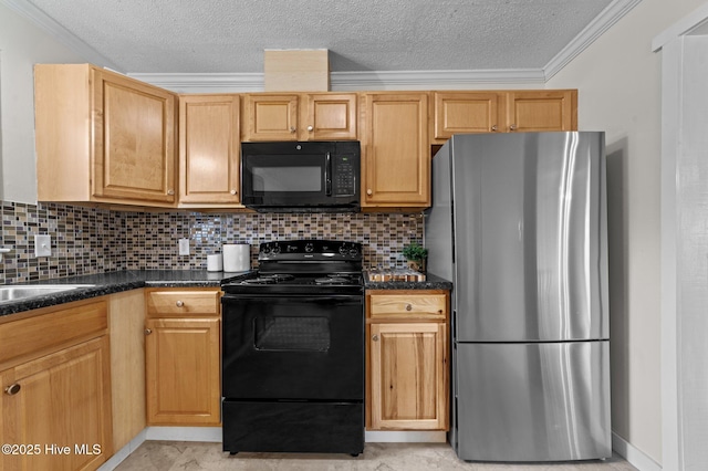 kitchen with crown molding, backsplash, black appliances, and a textured ceiling