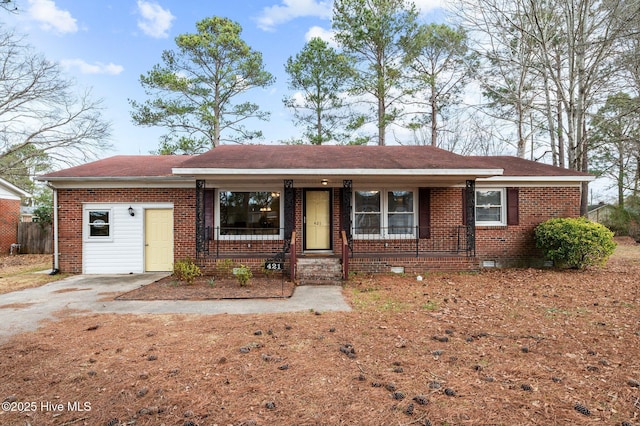 ranch-style home with crawl space, covered porch, and brick siding