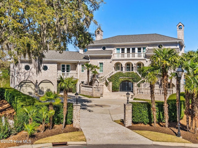 view of front of property with a balcony, concrete driveway, a chimney, and a garage