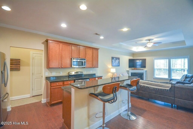 kitchen featuring a kitchen bar, dark wood-style floors, open floor plan, and stainless steel appliances