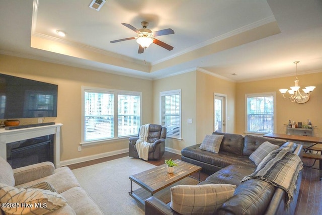 living area featuring visible vents, wood finished floors, baseboards, a fireplace, and a raised ceiling