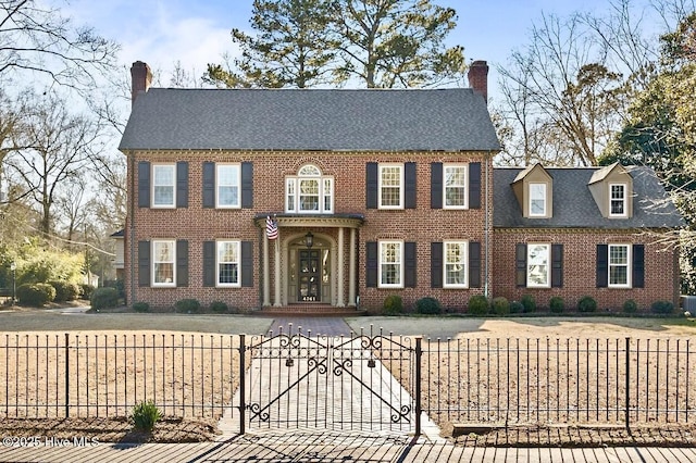 colonial-style house with brick siding, a fenced front yard, a chimney, and a gate