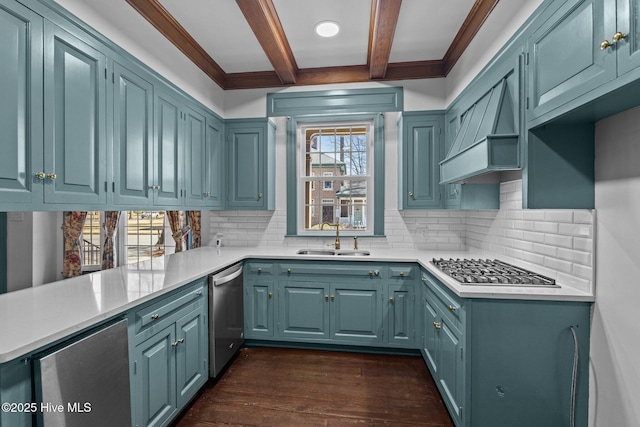 kitchen with dark wood-style floors, beam ceiling, custom exhaust hood, stainless steel appliances, and a sink