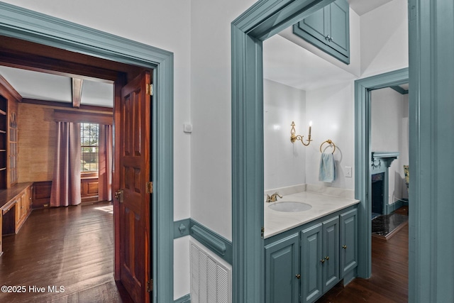 bathroom featuring a fireplace, wood finished floors, and vanity