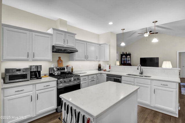 kitchen featuring under cabinet range hood, a peninsula, a sink, stainless steel range with gas cooktop, and dishwasher